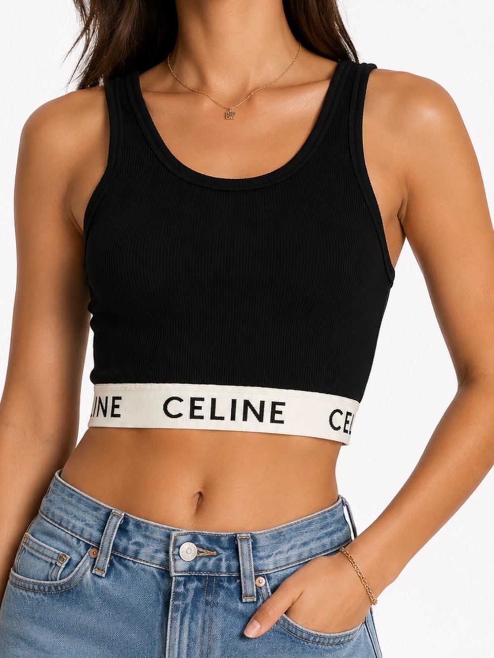 Celine Black Ribbed Logo-Band Crop Tank Small